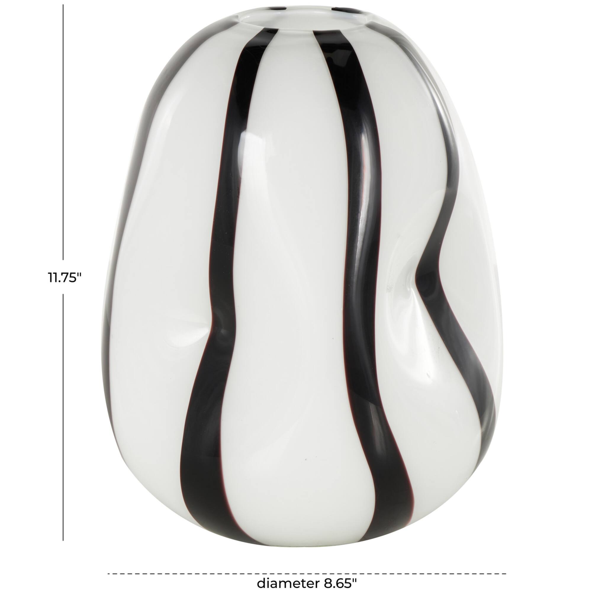 12" White & Black Stripes Glass Round Concaved Vase